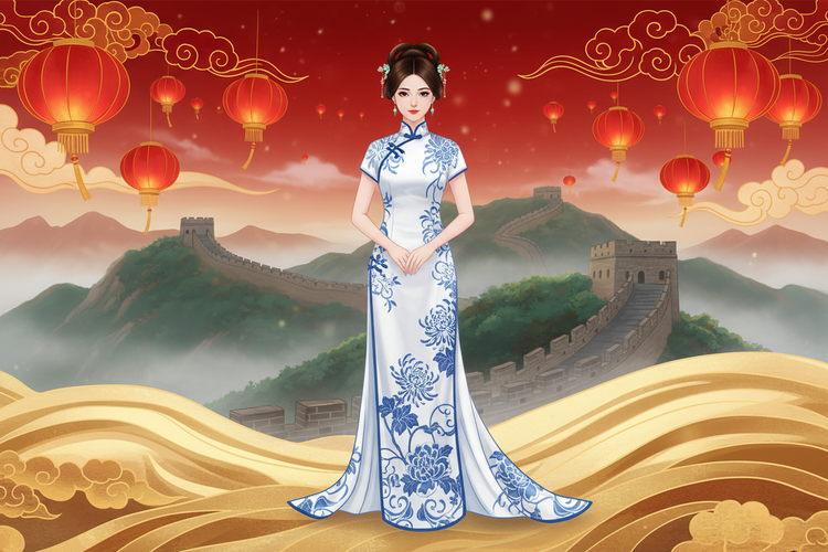 A digital illustration of a young Asian woman wearing a traditional Chinese qipao dress in white with blue floral patterns



Background features the Great Wall of China winding through mountains

Red festive background with Chinese lanterns and traditional cloud motifs

Golden flowing ground or fabric beneath the scene
